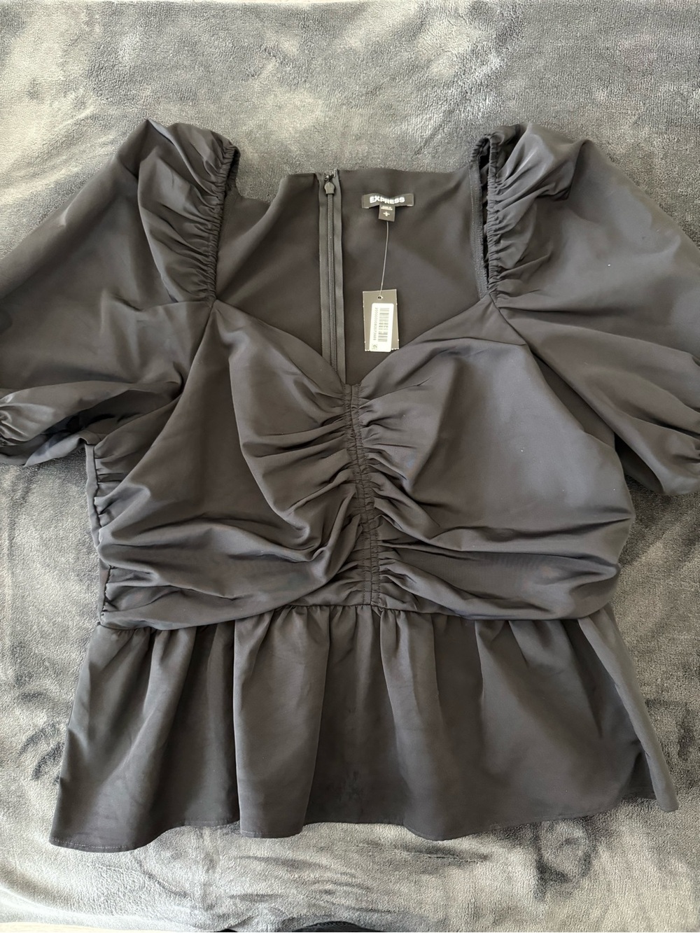 Express Black Ruched Puff-Sleeve Peplum Blouse